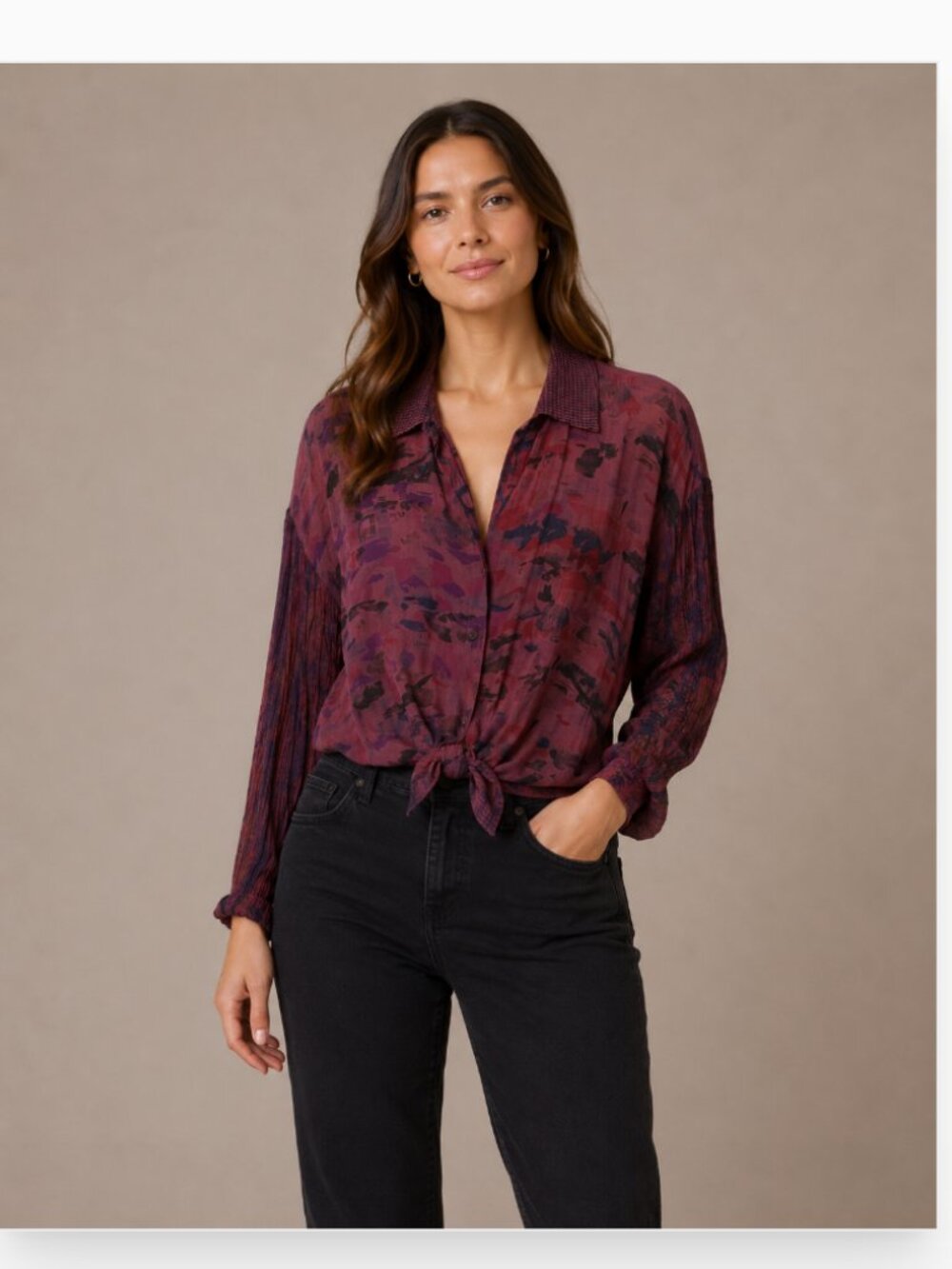 URU Blouse Womens One Size Purple Floral Sheer Pleated Collared Top Made In USA